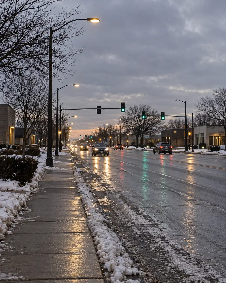 Snowy south-suburban arterial with traffic lights and wet pavement
