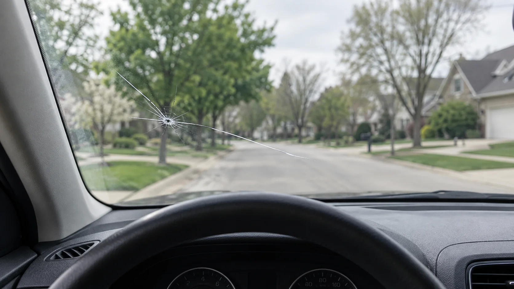 Illustrative windshield crack visible from inside a parked vehicle