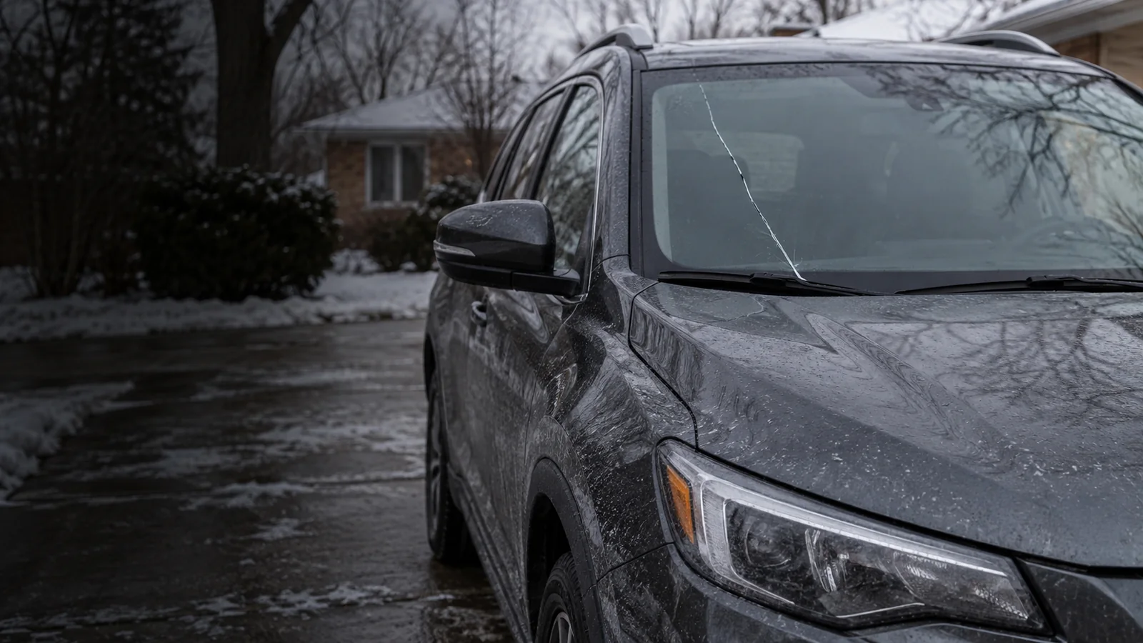 Crossover with a long windshield crack on a snowy driveway