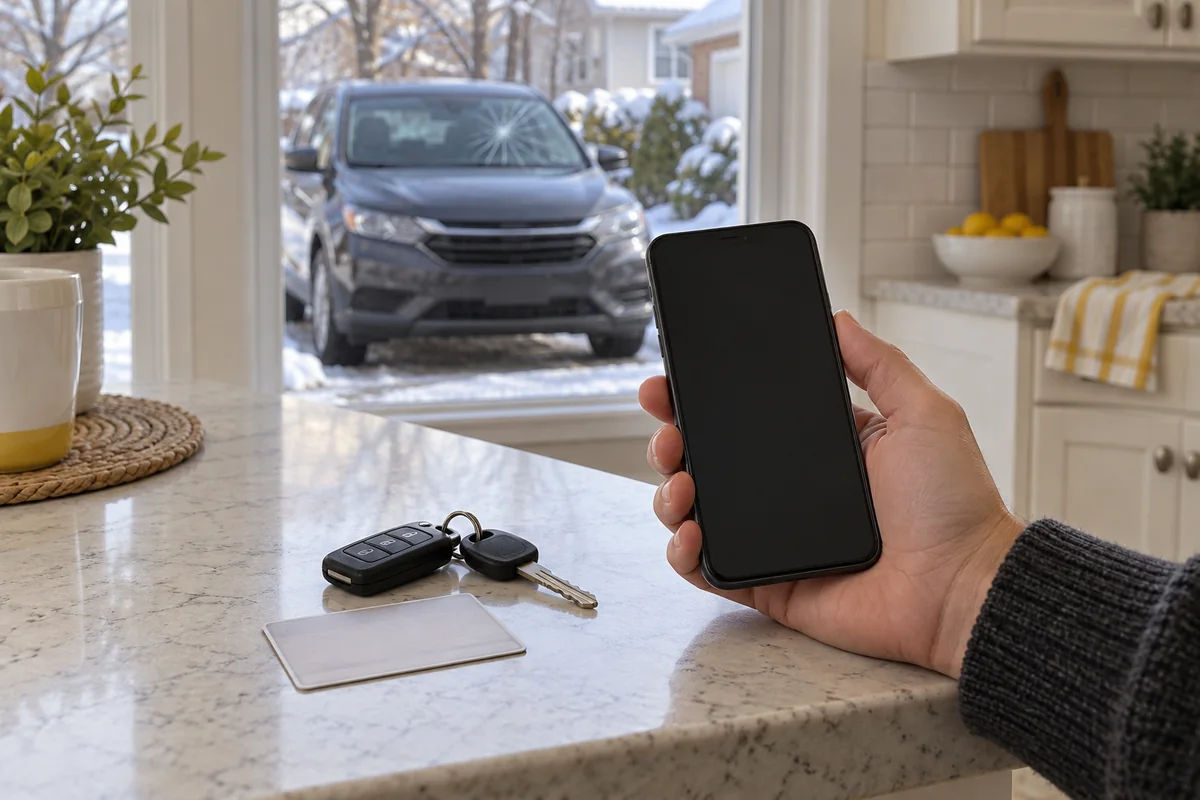 Driver describing windshield damage on a phone beside a parked car