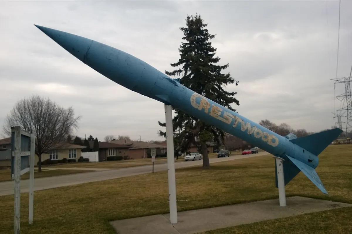 Honest John rocket on display in Crestwood Municipal Park, Illinois