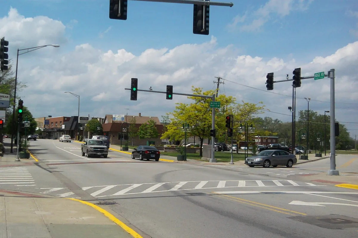 Ridge Road in downtown Lansing, Illinois, looking west