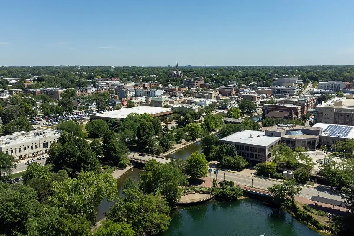 Elevated view over downtown Naperville, Illinois, on a clear day