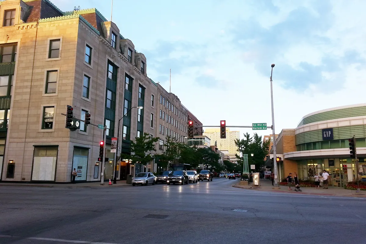 Lake Street at dusk in Oak Park, Illinois