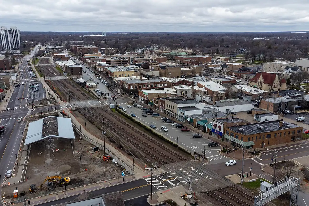 Aerial view of downtown Wheaton, Illinois, along the Union Pacific railroad tracks